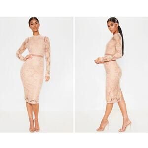 PRETTY LITTLE THING‎ Dress Midi Bodycon Lace Sheer Sleeve Cocktail Sexy Wedding